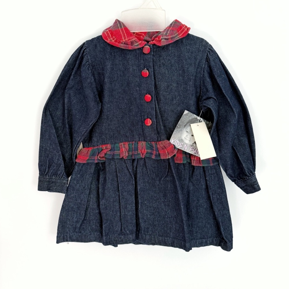 Vintage NWT Kids N Fun Denim Dress Plaid Cotton  Button Up Bangladesh 24 Months